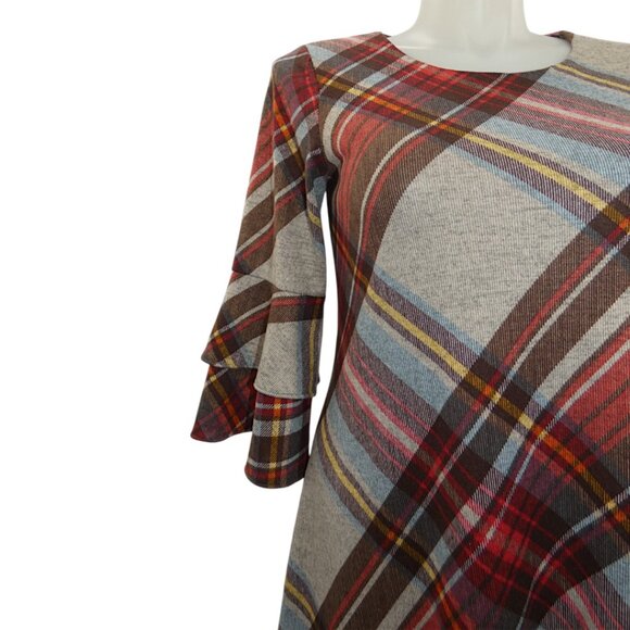 R&K Plaid Bell Sleeve Swing Dress 10 Fall Holiday Cozy Work Casual Retro - Picture 6 of 8